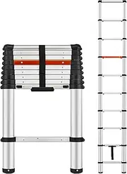 [ICARRY] Telescoping Ladder, 9.8 FT Aluminum One-Button Retraction Collapsible Extension Ladder, Soft Close Design, 250lb Capacity with Non-Slip Feet, Multi-Purpose Compact Ladder for Home, RV, Loft