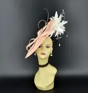 MF173-1( Peach/White )Kentucky Derby Wedding Tea Party Sinamay Large Fascinator