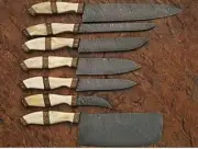 7 Custom Handmade Damascus steel Chef Knife set wood + Awesome Handles