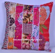 Patchwork Kantha Quilted Cushion Cover Indian Sofa Decor Pillow Sham Throw 16"