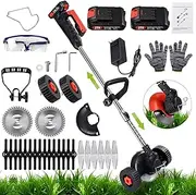 Electric Weed Wacker Battery Powered, Cordless Weed Trimmer with 21V Battery Operated Charger Wheels 26 Blades, No-String Brush Cutter/Lawn Edger/Grass Trimmer for Garden Yard