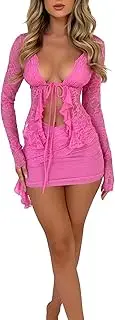 [M9ppzzur7] Women 2 Piece Outfit Set summer Lace Low-Cut Tie-Up Front Long Sleeve Ruffles Crop Tops Mini Skirt 2 Pieces Clothes Set