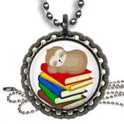 Sloth Sleeping on Books Bottle Cap Necklace with Chain Handcrafted Kids Jewelry