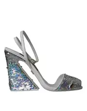 Dolce&Gabbana Women Silver Sandals Leather Sequined Ankle Strap Heel Shoes EU 39