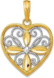 [JewelryWeb] 14k Two tone Gold Fashion Love Heart Pendant Necklace With Flower and White Beaded Filigree Center 22.33x17.5mm Wide-Pendant for Women