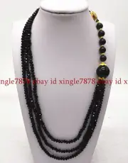 3 Rows 2x4mm Faceted & 6-14mm Black Agate Gemstone Beads Necklace 17-19" AAA
