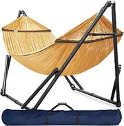 Tranquillo Double Hammock with Stand Included for 2 Persons/Foldable Hammock Stand 600 lbs Capacity Portable Case - Inhouse, Outdoor, Camping (Steel, Yellow)