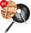32cm Carbon Steel Wok, Flat Bottom, Lid, Induction, Gas Stoves, No Coating