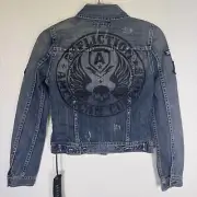 Sinful Affliction Denim Jacket Womens XS Distressed Patch Skull Studded NEW