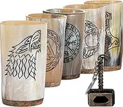 FENRIR Viking Drinking Horn Mug Set of 5 | Easter Special Viking Gifts for Men & Women | Bottle Opener | Natural Ox Horn Viking Cups | Norse Shot Glasses Set To Drink Ale, Beer, Mead | 10 Oz/Glass