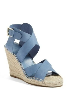 JOIE Kaelyn Leather Blue Espadrille Wedge Sandals Womens Size 38.5 NEW