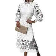 Women Dress Hollow Out Lace Stand Collar Bubble Sleeve Tight Waist See through Double layer Ankle Length Solid Color OL Commute Maxi Dress white M