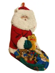 Needlepoint Christmas Stocking Santa & Teddy Bear 3-D Stuffed Plush Vintage 22”