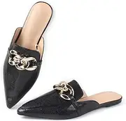 [Hiletmi] Baotou Half Slippers Women's 2024 Point Toe Metal Buck Flat Shoes Banquet Slippers Fashion Slippers Fashinable Chain Casual Office Lady Comfortable Muller Slippers Sandals