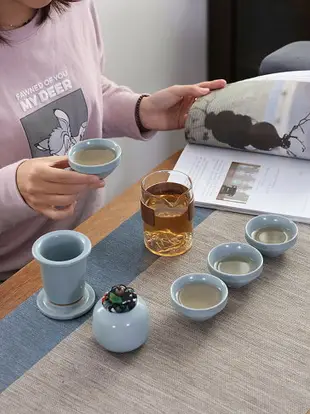 汝窯旅行茶具便攜式一壺四杯茶罐套裝戶外簡約收納陶瓷功夫泡茶器 茶具組 泡茶器具