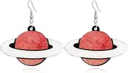 [Hanavigar] Handmade Lightweight Wooden Flying UFO Earrings Cute Bohemian Natural Wood Planet Shaped Dangle Drop Earring Astronaut Novelty Hook Earring for Women Girls