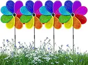 Wind Spinners for Garden, Sparkling Lawn Pinwheel, Colorful Rainbow Sparkling Pinwheel, Set of 4 Flower Shape Yard Windmill for Lawn Decoration