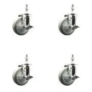 4 Inch 316SS Gray Polyurethane Swivel 3/8 Inch Threaded Stem Caster Set Brake
