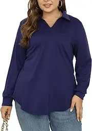 [KLPOHV] Women Plus Size Long Sleeve Collared V Neck Shirts Business Casual Work Tops Dressy Loose Tunic Blouses