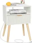 White Nightstand with Charging Station, Modern Bedside Table with Drawer and Sol