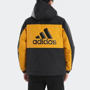 ADIDAS LOGO 男裝 羽絨外套 連帽 休閒 保暖 拉鍊口袋 撞色 黑 黃【運動世界】GF0076