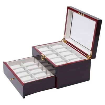 20 Slot Double Layer Wooden Watch Case Display Jewelry Storage Box w Key Lock