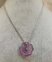 LALIQUE Fuchsia Pink Pensee Crystal Flower Sterling Silver Necklace New in Box