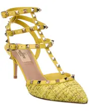 Valentino Rockstud Caged 65 Leather & Tweed Ankle Strap Pump