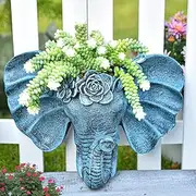 Sungmor Elephant Head Shaped Wall Hanging Planter Flower Plant Pot - Resin & Hand Painted & Blue - Sculpture Garden Wall Decoration Outdoor Plant Container