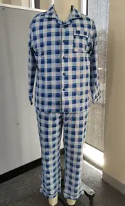 Mens PJS 100% Cotton Flannelette Blue Check Long Pyjamas Size S-XXL (8826)