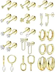 [Chriscoco] 15 Pairs Flat Back Earrings for Women 316L Surgical Steel Gold/Silver Stud Earrings Hypoallergenic Cartilage Earrings Sleeper Huggie Hoop Earrings Tragus Piercing Jewellery