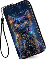 [RAUEDWDJS] Women's Wallets,Credit Card Holder Money Leather Long Wallet with Wristlet,Large Capacity with Zip-Around Phone Purse for Women Ladies Girls, Luminous Black Cat, American