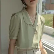 Short-Sleeve Peter Pan Collar Plain Shirt Light Green - S