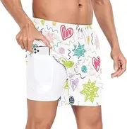 [GuoChe] Mens Beach Shorts Men's 2 in 1 Workout Running Shorts Valentine's Day Childish Stars Hearts Colorful with Phone, Valentine's Day Childish Stars Hearts Colorful, X-Large