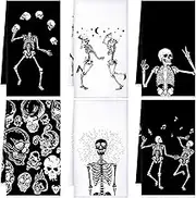 Bencailor 6 Pcs Skull Kitchen Towels Teal Turquoise Dish Hand Towels Farmhouse Cow Cat Gothic Witchy Moon Tea Washcloth for Spring Summer Kitchen Decor Home 24 x 16''(Black, White,Skull)