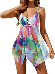 [Holipick] Women's Mesh Tankini Printed Swimdress Flowy Skirtini Two Piece Swimsuits with Boyshorts