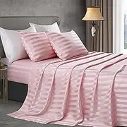 Blush Pink Satin Striped Sheets - 4Pcs Satin Sheets Full Size, Cooling Silky Satin Bed Sheets Luxury Bedding Sheet Set(1 Satin Fitted Sheet, 1 Satin Flat Sheet, 2 Satin Pillow Cases)