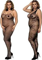 [LOVELYBOBO] 2 Pack Womens One Size Fishnet Bodystockings Striped Lingerie Crotchless Bodysuits Tights Suspenders Black