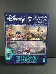 Disney Thomas Kinkade Set 3 Jigsaw Puzzles Mickey Aladdin Tangled w/Glue NEW
