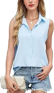 [Blostirno] Womens Sleeveless Button Down Shirt V Neck Casual Collared Blouses Solid Basic Summer Chiffon Ruffle Tank Top