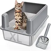 Stainless Steel Litter Box,XL High Side Semi-Enclosed Cat Litter Box for Large Cats,Metal Cat Litter Pan with Scoop,Non Stain,Rusty and Sticky Metal Kitty Litter Box for Multiple Cats(Grey)