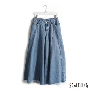 【SOMETHING】女裝 剪接寬版牛仔褲(中古藍)