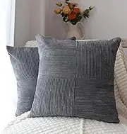 BRMM MIA Set of 2 Decorative Throw Pillow Covers Quilting Velvet Cushion Covers Pillowcase Square Cushion Covers for Living Room Sofa 45cm x 45cm (Dark Grey Stripe)