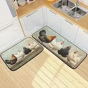 YMXFXP Chickens Fence Rooster Kitchen Mats for Floor, 2-Piece Non-Slip Washable Kitchen Rugs for Home & Office - Ideal for Sink, Laundry & Bathroom Use - Sizes: 19.7” x 47.2” & 19.7” x 27.6”
