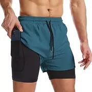[Surenow] Mens 2 in 1 Running Shorts Quick Dry Athletic Shorts with Liner, Workout Shorts with Zip Pockets and Towel Loop