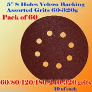 60x 5" 8 Hole 60/80/120/180/240/320 Grit Sandpaper Disc Hook and Loop Sheet Sand