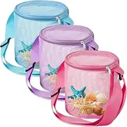 Mesh Beach Bag, 3Pcs Seashell Beach Toy Bags, Collecting Bag, Beach Mesh Bag, Seashell Bagfor Kid, Sand Toy Bag with Adjustable Straps, Beach Collecting Bag