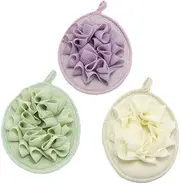 3 Pack Body Sponge Brushes Pouf Mesh Brush Shower Glove with Flower Bath Ball (Beige，Green，Purple, 17.6 * 13CM)