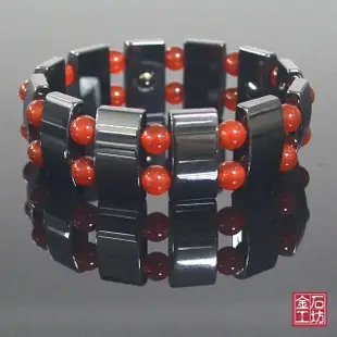 【金石工坊】紅瑪瑙鈦鍺磁性黑膽石能量手鍊