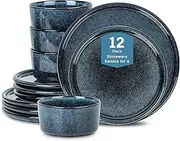 [Stone Lain] Eden 12-Piece Dinnerware Set Stoneware, Plates and Bowls Set, Dishwasher and Microwave Safe Dish, Dish Set for 4, Dark Blue